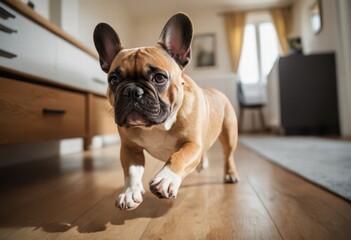 french bulldog running inside a cozy and warm house, dog playinh in interiors of an apartment, home sweet home