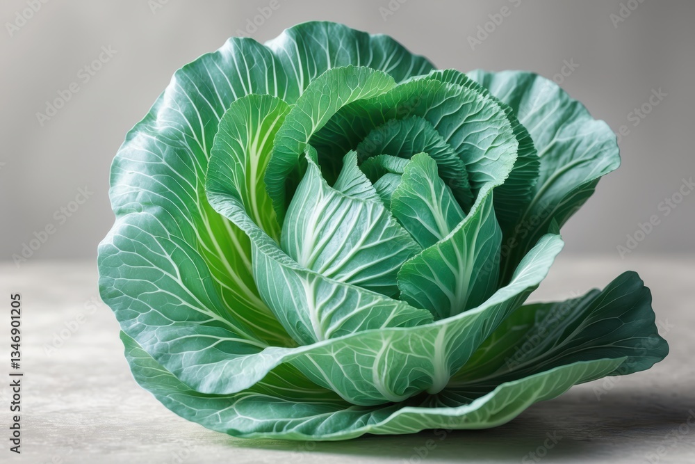 Poster close-up of a fresh green cabbage with intricate leaf patterns on a light grey surface