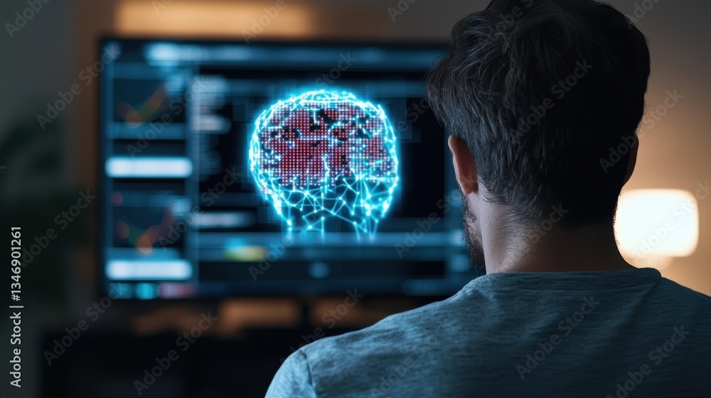 Poster a person observes a digital representation of a brain on a screen, reflecting themes of technology a