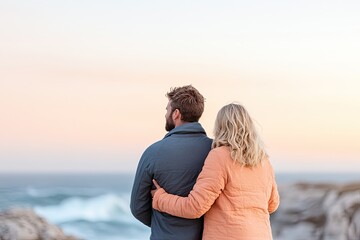 couple stands on rocky coastline arms wrapped around each other as they watch sunset ocean waves crashing below copy