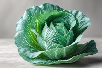 Obraz premium Close-up of a fresh green cabbage with intricate leaf patterns on a light grey surface