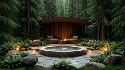 A serene forest retreat patio featu a stone hot tub, wooden pavilion, cozy seating, fire pit, lush greenery, and ambient lighting for relaxation