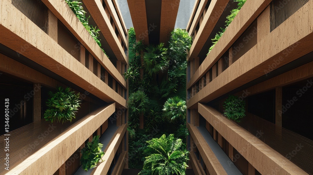 Poster a modern architectural design featuring lush greenery between structured buildings, creating a harmo