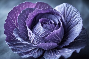 Obraz premium Close-up of a vibrant purple cabbage with intricate leaf patterns and a textured surface, evoking freshness and natural beauty