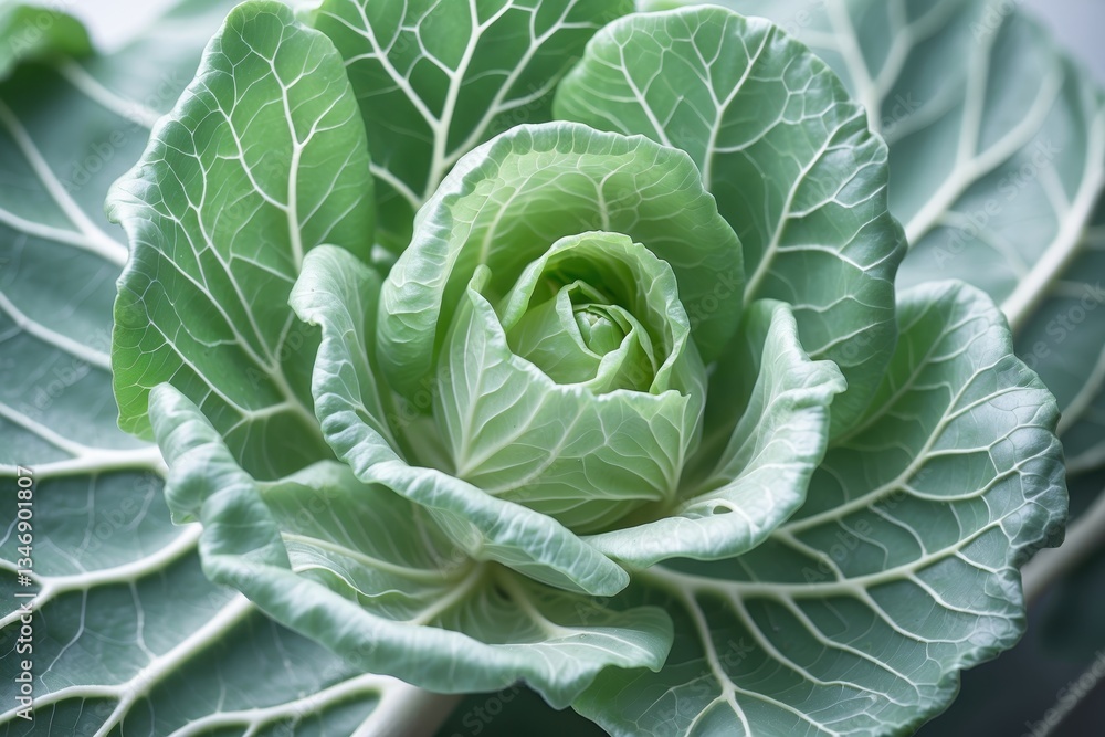 Poster close-up of a fresh green cabbage showcasing intricate leaf patterns and dewdrops on the surface