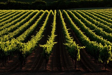 Fototapeta premium A lush vineyard with rows of green grapevines stretching across the landscape, illuminated by soft sunlight.