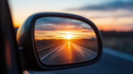 Sunset reflecting in the side mirror, viewed from the driver's seat while cruising down an open road in the evening.