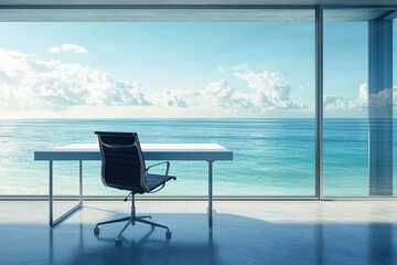 Modern minimalist office with stunning ocean view, ideal workspace with calming atmosphere.