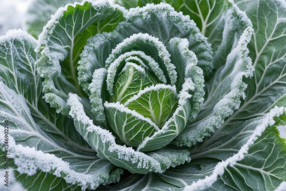 Poster close-up of a frozen cabbage covered in frost and ice crystals, showcasing intricate leaf patterns a