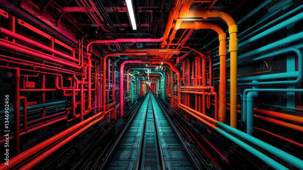 Poster a vibrant, futuristic corridor filled with colorful pipes, creating a striking visual effect against