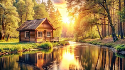 Obraz premium Rural Countryside A serene cabin by a tranquil river, surrounded by lush trees and bathed in golden sunset light.