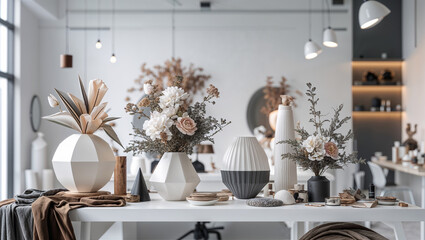 Modern interior design with decorative vases and flowers enhancing ambiance