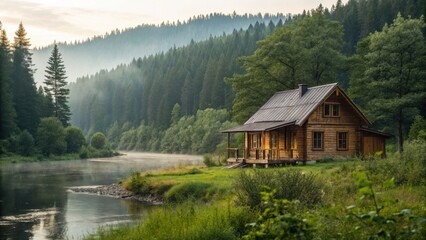 Fototapeta premium Rural Countryside A serene wooden cabin by a calm river, surrounded by lush mountains and trees.