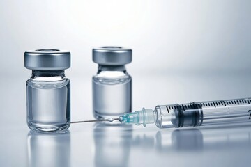 Close up view of a syringe needle beside vials of liquid for injection Generative AI