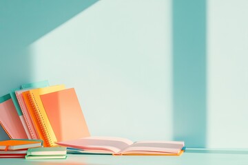 highly organized workspace with desk full of colorful notebooks open textbooks and stationery bathed in natural sunlight