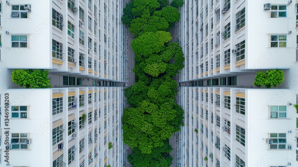 Poster an aerial view of a modern building complex flanked by lush greenery, highlighting a harmonious blen