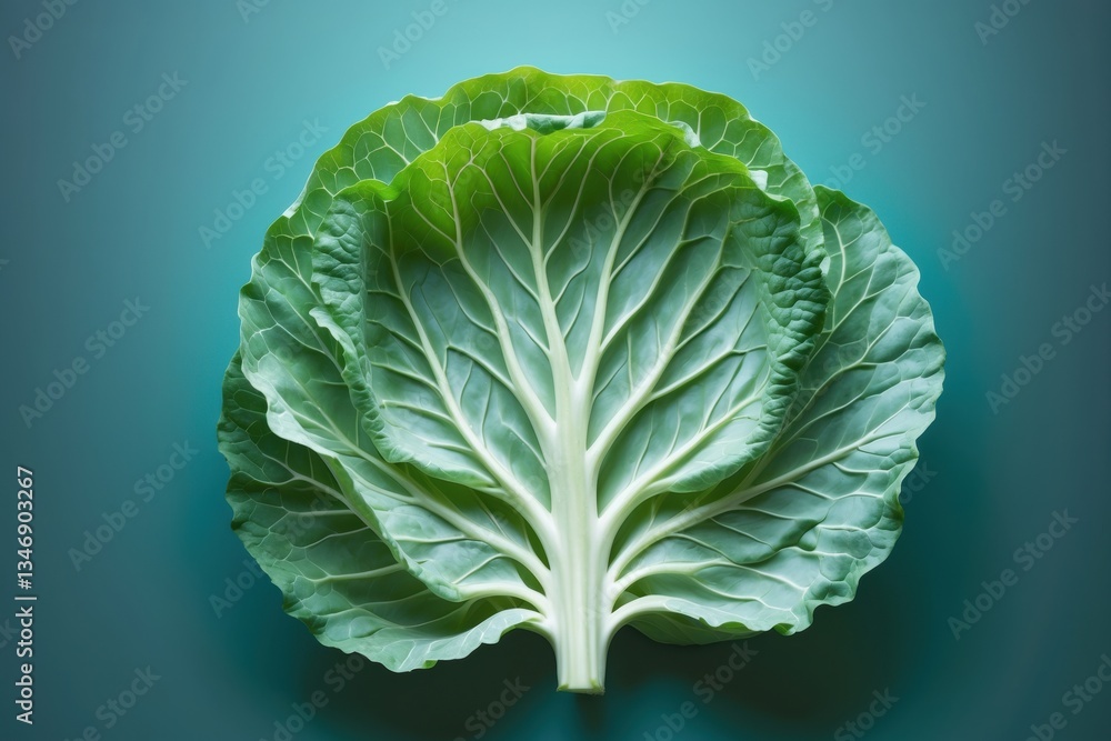 Poster close-up view of a fresh green cabbage leaf with intricate veining displayed on a smooth blue backgr
