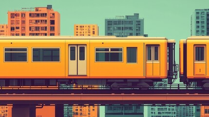 A vibrant yellow train glides through a cityscape of colorful buildings, showcasing urban life and modern transportation.