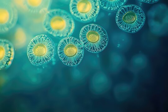 Microscopic view of vibrant, intricate, single-celled organisms in a teal aquatic environment.