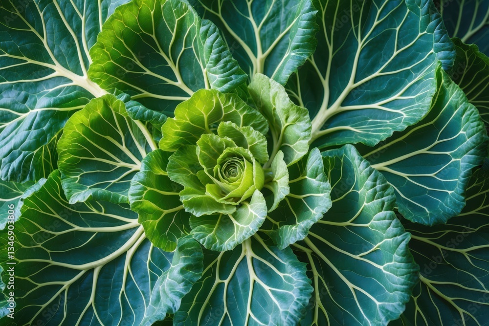 Poster close-up view of vibrant green cabbage leaves with intricate patterns and rich textures