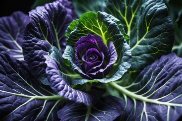 Obraz premium Close-up view of vibrant purple cabbage leaves with intricate green veins and texture, showcasing fresh, organic produce