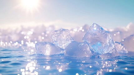 Glistening Ice Crystals Floating on Serene Blue Water Surface