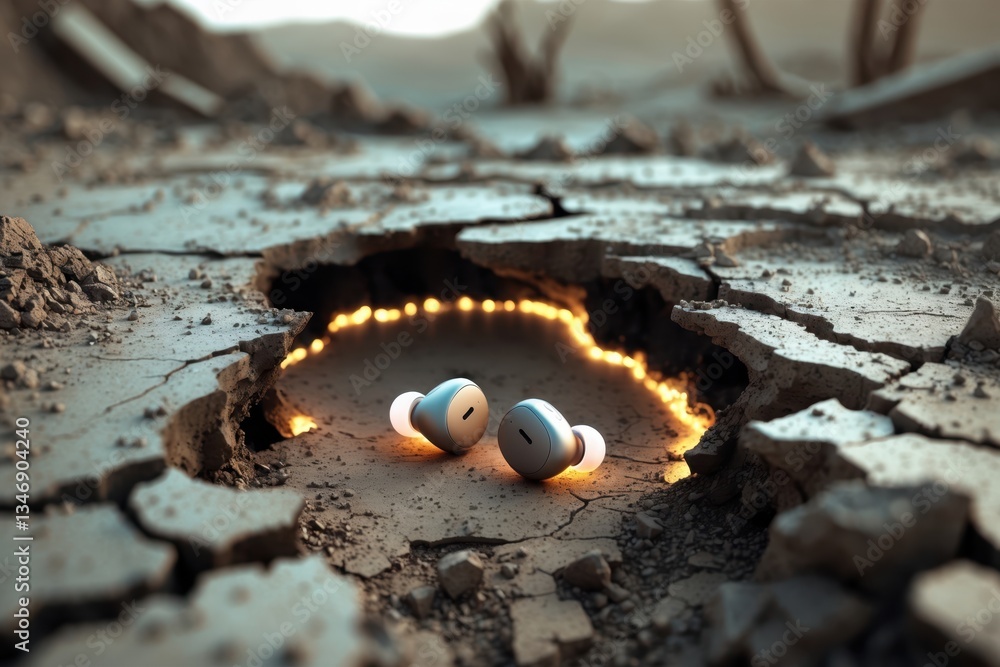Poster digital rendering of wireless audio devices placed in a cracked desert landscape with glowing light 