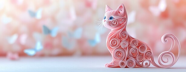 layered paper quilling technique A whimsical pink cat sculpture with intricate designs and butterflies in the background.