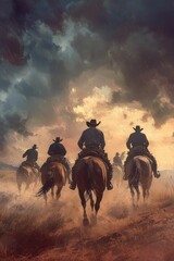 Cowboys ride horses away under stormy sky.