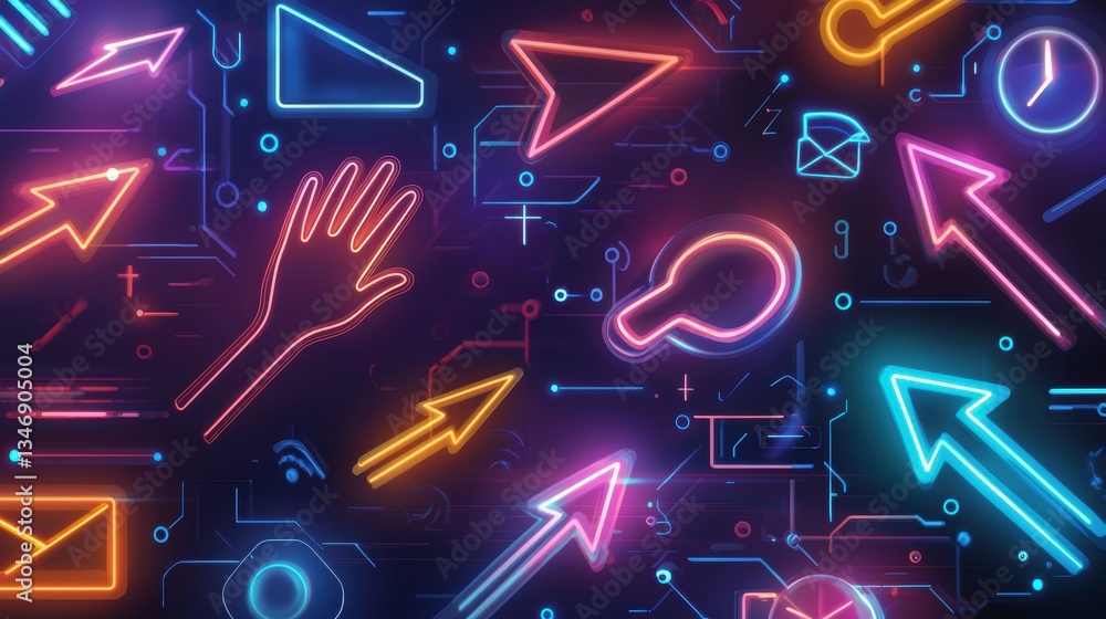 Poster dynamic digital interface elements virtual space illustration neon glow close-up technology concept