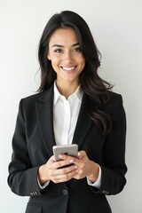 A young, attractive businesswoman in a black suit smiles confidently while holding a smartphone. She projects success and professionalism.