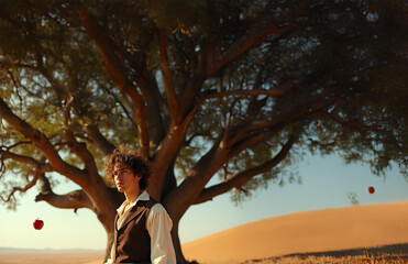 Fototapeta premium A young man, light-skinned, likely in his late teens or early twenties, stands in a desert landscape. He is positioned slightly to the left of center in the frame. 