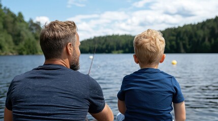 Fototapeta premium Father and Son Fishing by Lake, Summer Fun