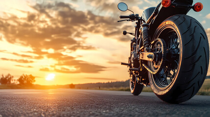 Naklejka premium Sunset Motorcycle Ride: A sleek motorcycle, poised on an open road at sunset. The sun's radiant glow illuminates the machine's details, evoking a sense of freedom and adventure. 