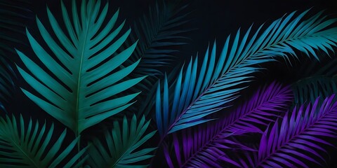 Creative fluorescent color layout made of tropical leaves. Flat-lay neon colors. Nature concept. Palm leaves neon. Tropical leaf banner.colors, concepts, fantasy, horizontal, inspiration, 123