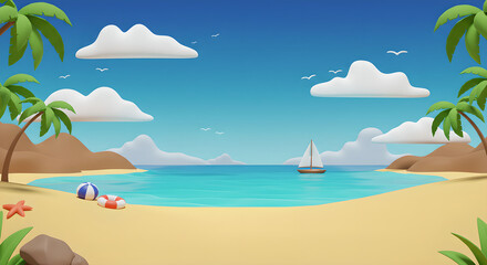 Obraz premium Cartoon sandy coastline with azure water, sailboat, palm tree, seagulls and fluffy clouds for summer card, banner, wallpaper, poster, background and template