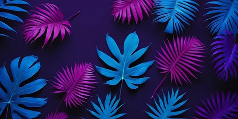 Creative fluorescent color layout made of tropical leaves. Flat-lay neon colors. Nature concept. Palm leaves neon. Tropical leaf banner.colors, concepts, fantasy, horizontal, inspiration, 78