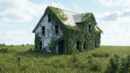 Obraz premium Abandoned House Overrun by Vines Symbolizing Nature's Reclamation in a Lush Green Landscape