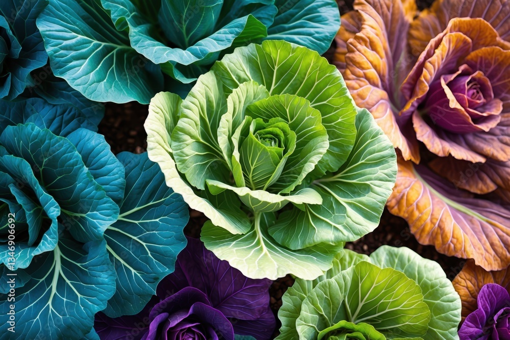 Poster vibrant close-up of colorful leafy greens showcasing rich textures and intricate patterns, creating 