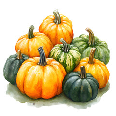 Watercolor painting of a pile of various pumpkins and gourds.