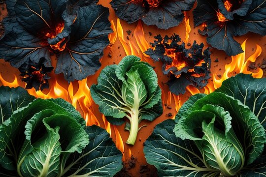 Vibrant arrangement of dark vegetables and flames against an orange backdrop, creating a dynamic contrast