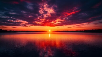 Obraz premium A vivid sunset cast a golden glow on a serene lake, with the sky painted in deep reds and purples.