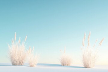 serene 3d-rendered landscape featuring various types of minimalist vegetation surrounded by gentle hues and soft lighting