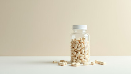 Magnesium Glycinate capsules spilled out of a bottle on a surface.