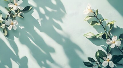 Delicate White Spring Blossoms with Vibrant Green Leaves and Soft Shadows on A Tranquil Natural Backdrop