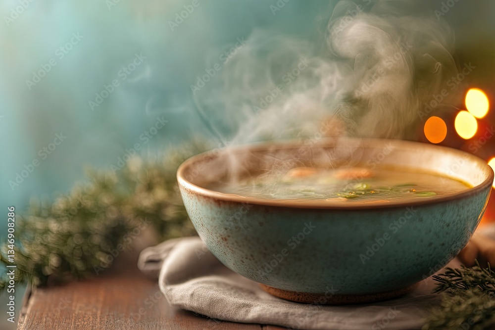Poster serene view of steaming bowl of soup placed on cozy table setting surrounding decor creating warm an