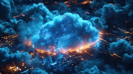 Obraz premium Blue cloud surrounded by circuit board designs, symbolizing the fusion of cloud computing and technology, created by AI. 