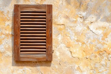 Detailed Close-Up Photograph of Weathered Wooden Shutter Against Distressed Wall Surface