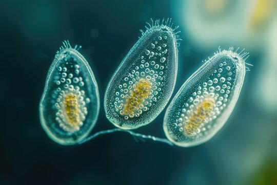 Microscopic image of three Dinoflagellates, single-celled organisms with intricate internal structures and numerous vacuoles.