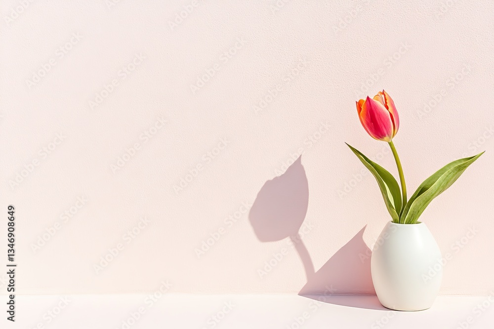 Poster single elegant tulip stands in simple white vase casting soft shadow on pristine light-colored background symbolizing